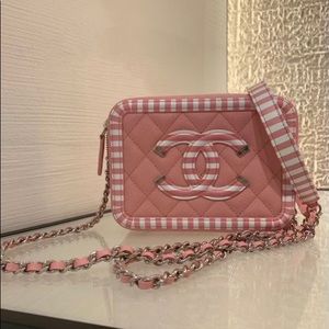 CHANEL Striped Filigree Vanity Clutch w/ Chain